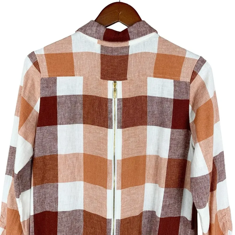 Soft Surroundings Carreaux Shirt Button Front Plaid Linen Blend Zipper Women’s M - Picture 6 of 9